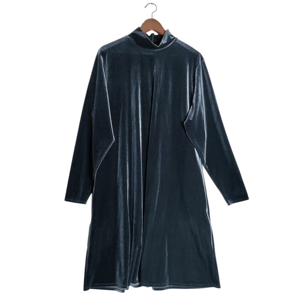 Lands End Dark‎ Gray Velvet High Neck Long Sleeve Dress Knee Length Sz 2X